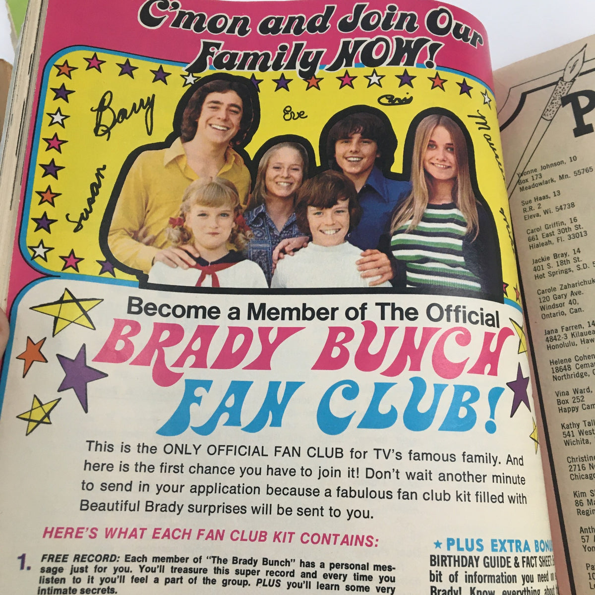 Advertisement in 'Tiger Beats Fave Magazine November 1972' inviting fans to join The Brady Bunch Fan Club, featuring cast members in a colorful layout.