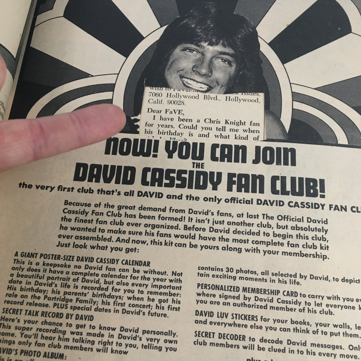 Promotional page in 'Tiger Beats Fave Magazine November 1972' for David Cassidy's official fan club, featuring details about membership benefits.
