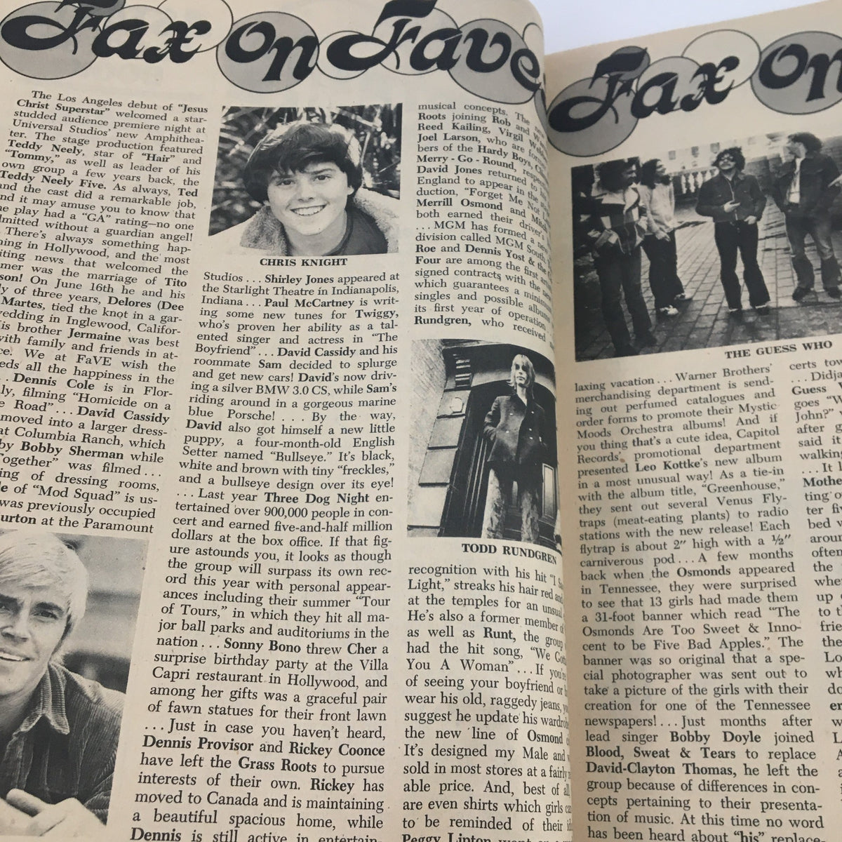 Image depicting an article from 'Tiger Beats Fave Magazine November 1972' featuring Chris Knight and Todd Rundgren, showcasing celebrity news and photos.