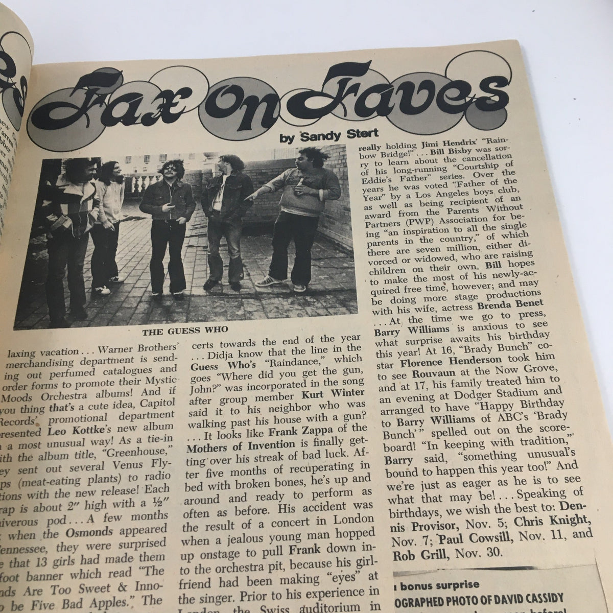 Image from 'Tiger Beats Fave Magazine November 1972' highlighting The Guess Who band members in a casual setting, along with editorial commentary.