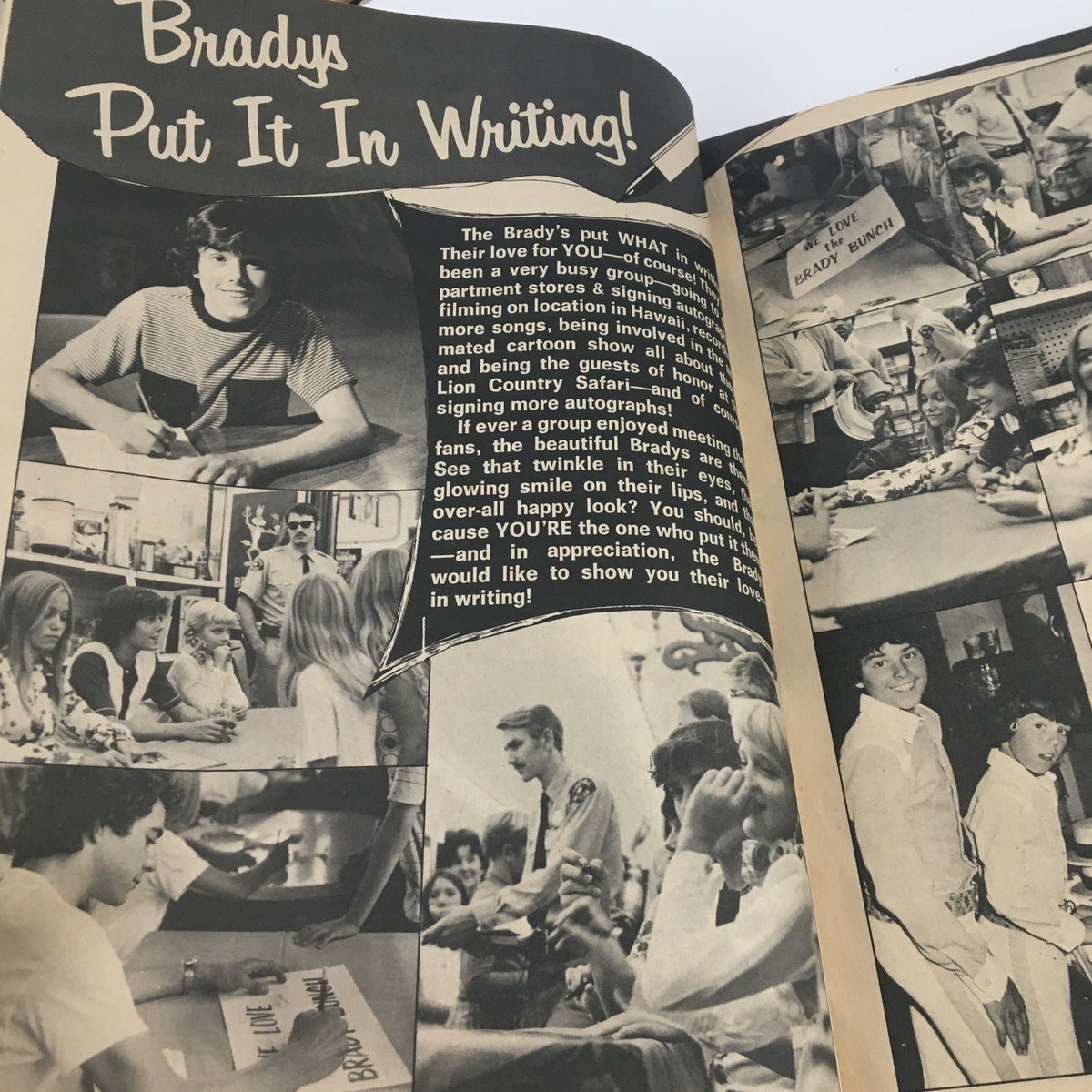 Image from 'Tiger Beats Fave Magazine November 1972' illustrating a promotional feature about The Brady Bunch, depicting fans interacting with the cast.