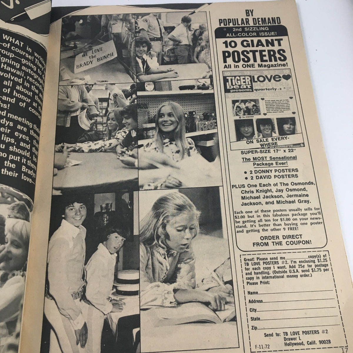 Image from 'Tiger Beats Fave Magazine November 1972' advertising giant posters of popular celebrities, including The Brady Bunch cast and other artists.
