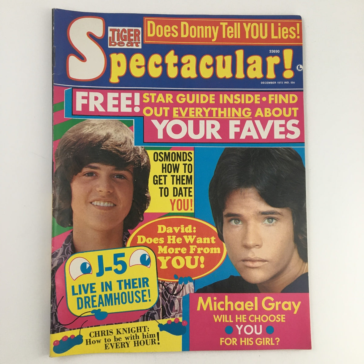 Cover of Tiger Beat Spectacular Magazine December 1972 featuring David Cassidy and Michael Gray, showcasing a vibrant design and headlines about teen idols.