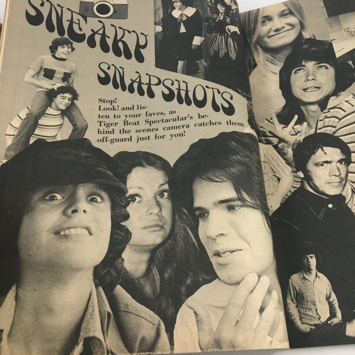 Page from Tiger Beat Spectacular Magazine December 1972 titled 'Sneaky Snapshots,' displaying candid photos of popular teen celebrities.