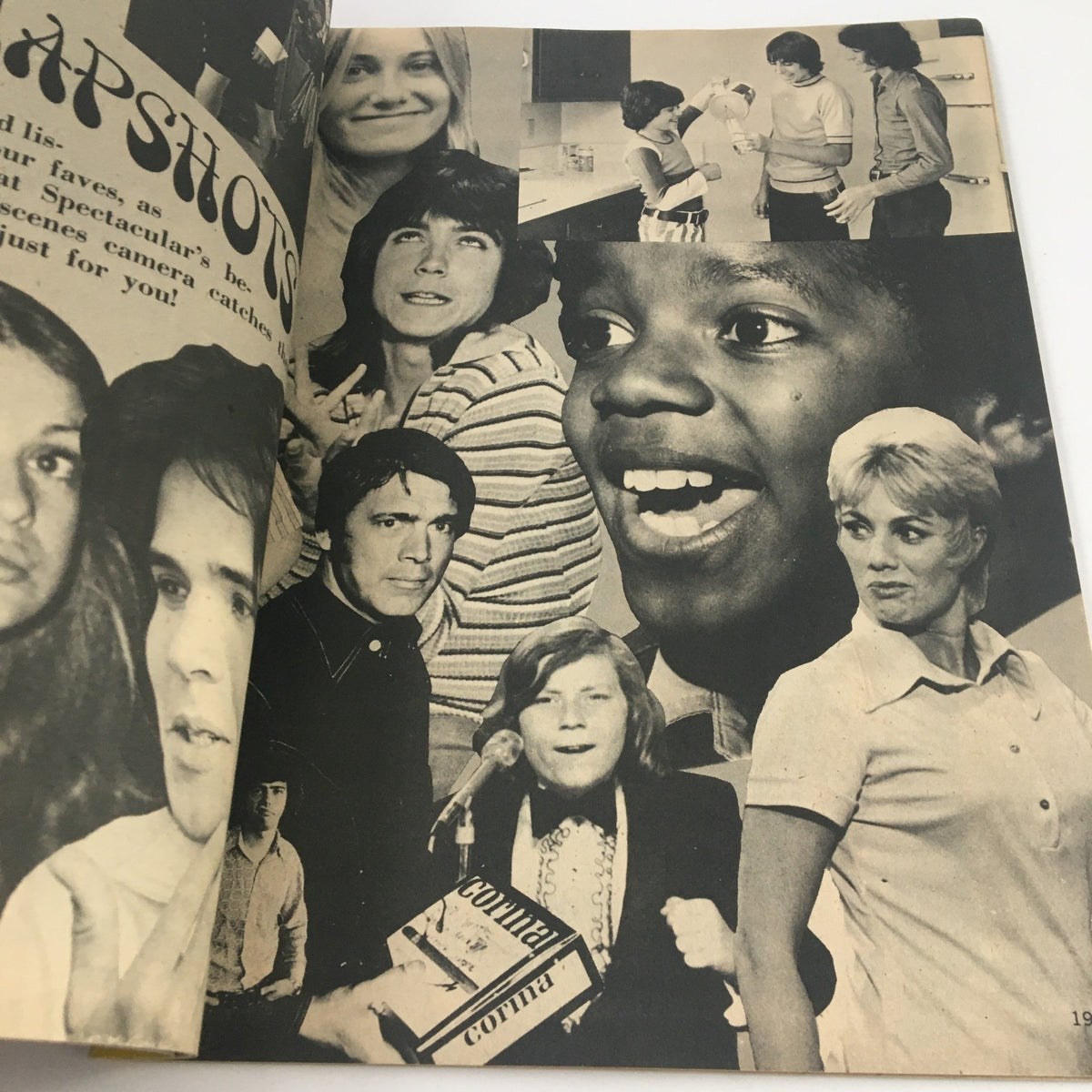 Another page from Tiger Beat Spectacular Magazine December 1972 titled 'Sneaky Snapshots,' showcasing various black-and-white images of celebrities.