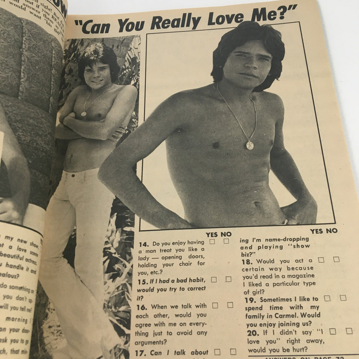 Page from Tiger Beat Spectacular Magazine December 1972 featuring a shirtless male model with a personal quiz titled 'Can You Really Love Me?'