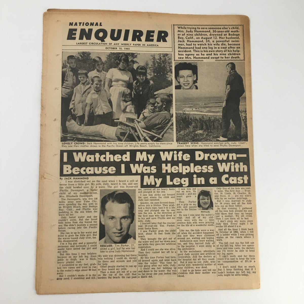 Back cover of National Enquirer Paper October 10 1965 showcasing an article titled 'I Watched My Wife Drown - Because I Was Helpless With My Leg in a Cast' with accompanying images.