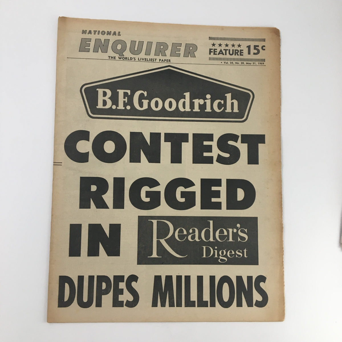 National Enquirer Newspaper May 31 1964 featuring headline 'Contest Rigged in Dupes Millions' and B.F. Goodrich logo.