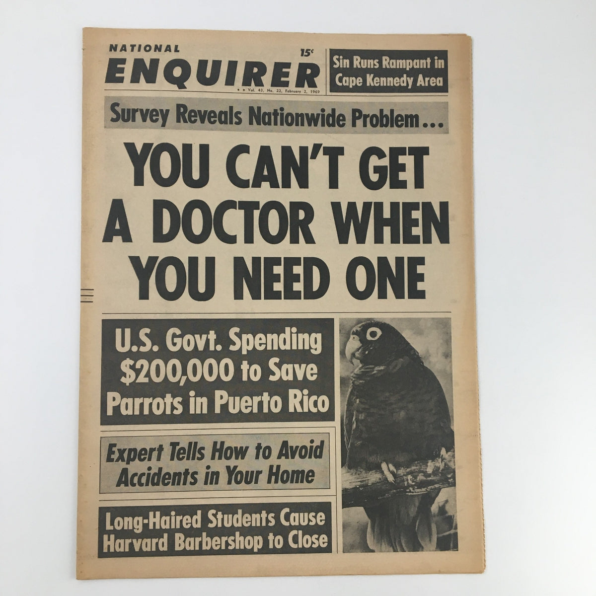 National Enquirer Newspaper February 2 1969 featuring the headline 'Sin Runs Rampant in Cape Kennedy' and stories on healthcare issues and accidents.