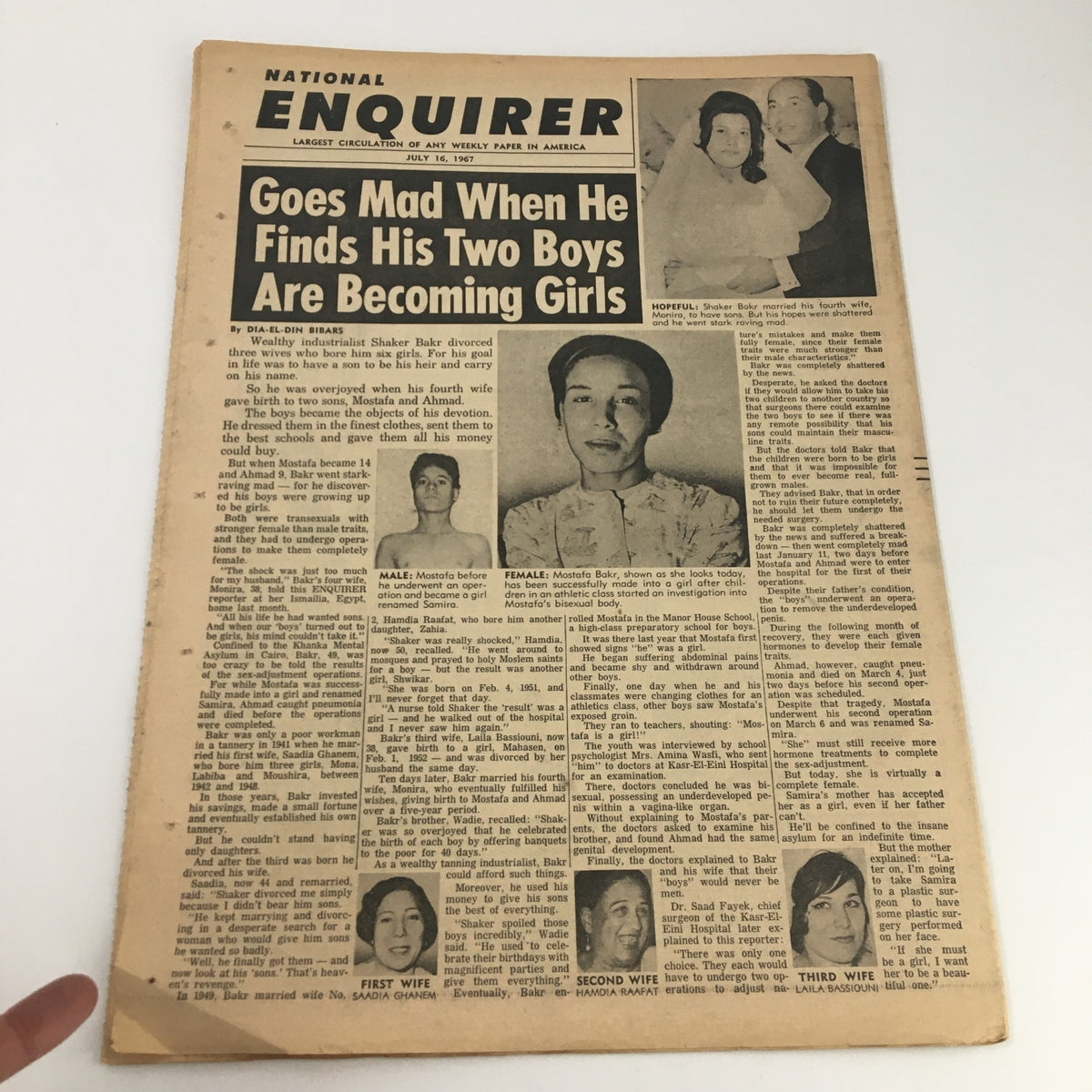 National Enquirer Newspaper July 16 1967 article titled 'Goes Mad When He Finds His Two Boys Are Becoming Girls', reflecting the cultural context of the time.