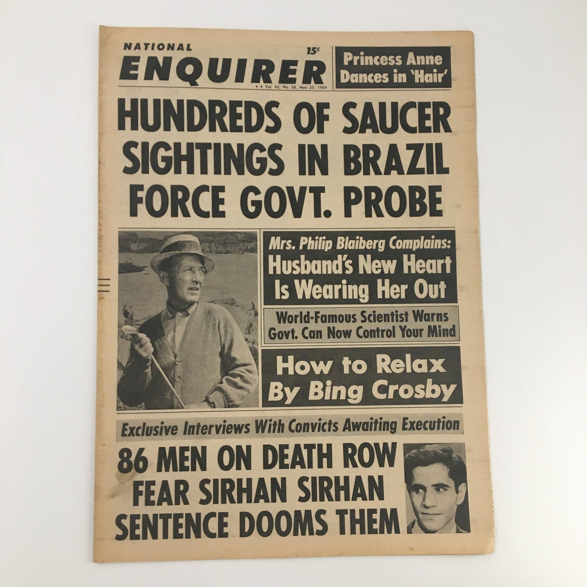 National Enquirer Newspaper May 25, 1969, featuring headlines about UFO sightings and Bing Crosby's advice column.