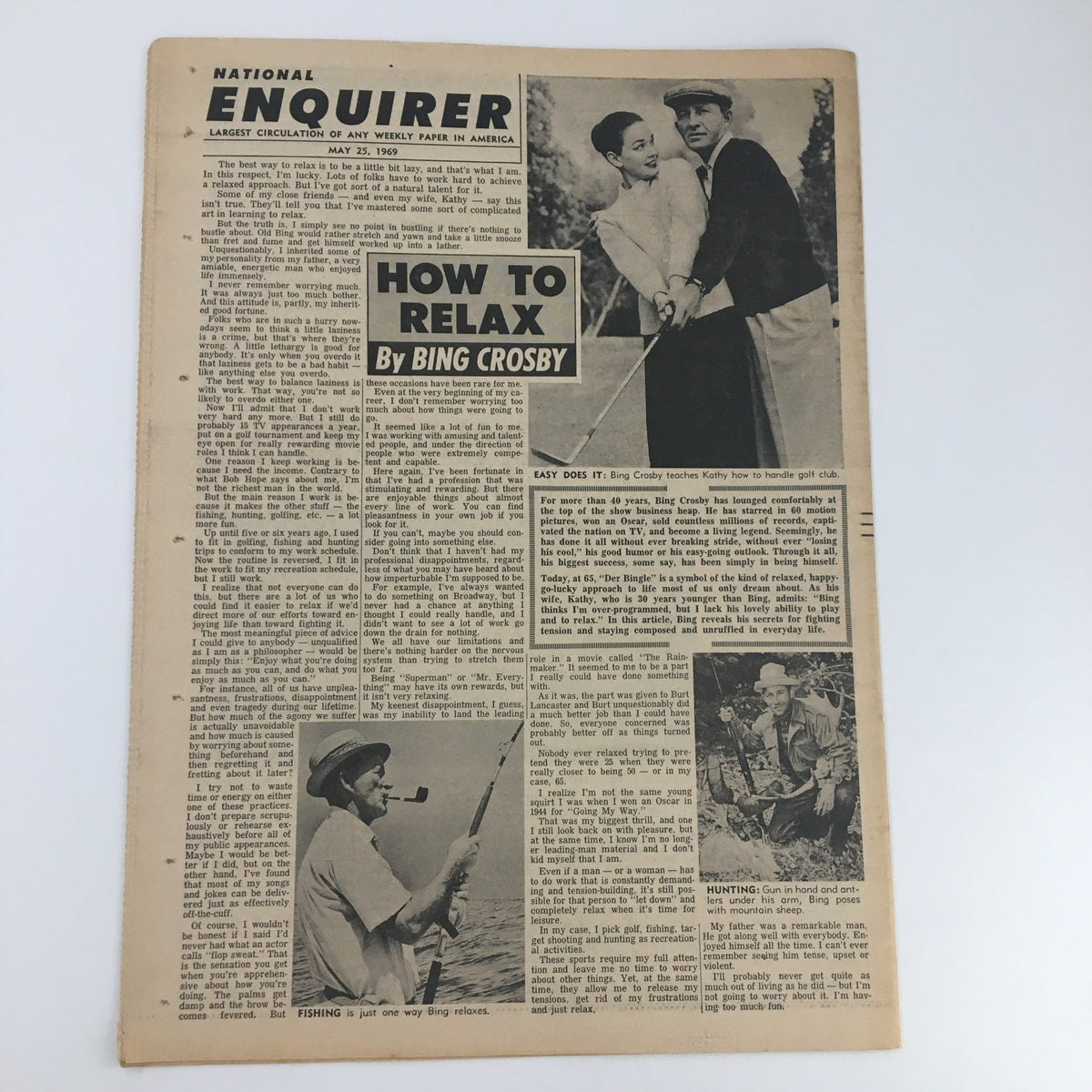 Interior page of the National Enquirer Newspaper May 25, 1969, featuring an article by Bing Crosby titled 'How to Relax'.