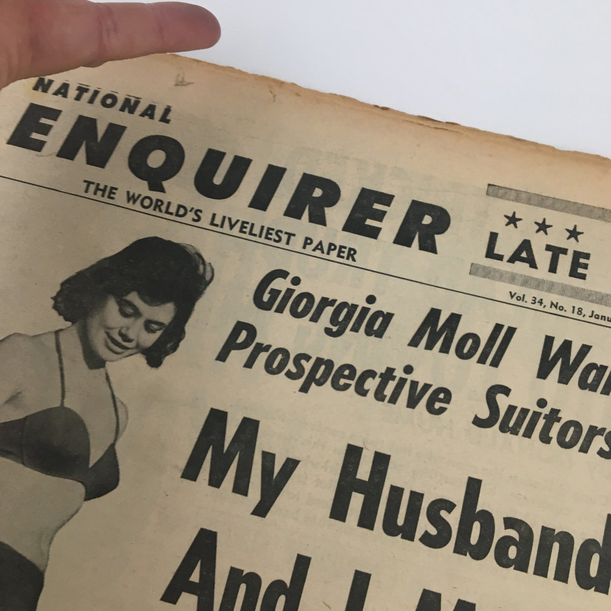 Close-up of the National Enquirer Newspaper January 3, 1960, detailing Giorgia Moll's warning to suitors and her captivating image.