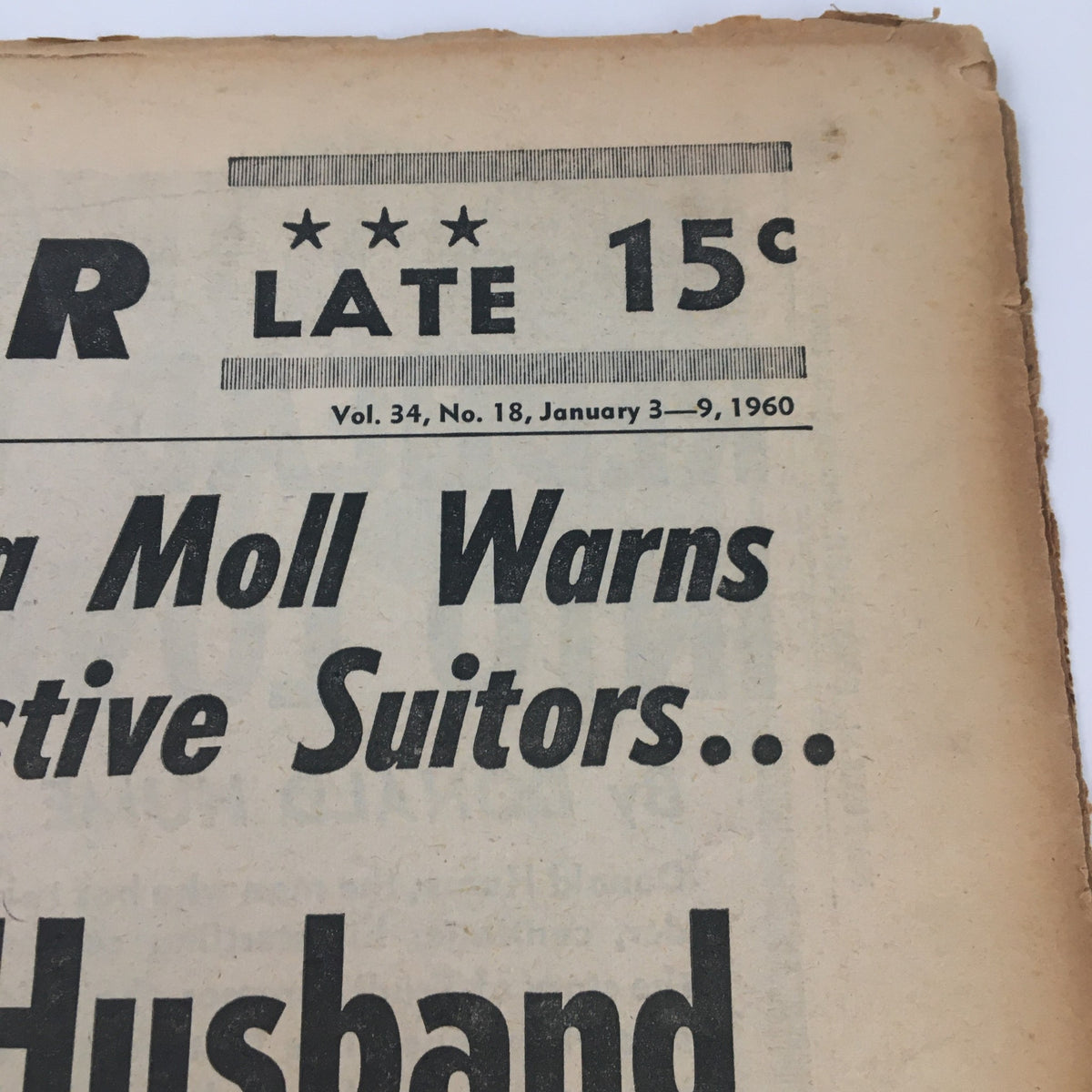 Top corner of the National Enquirer Newspaper January 3, 1960, highlighting the date and details of the publication alongside Giorgia Moll's message.