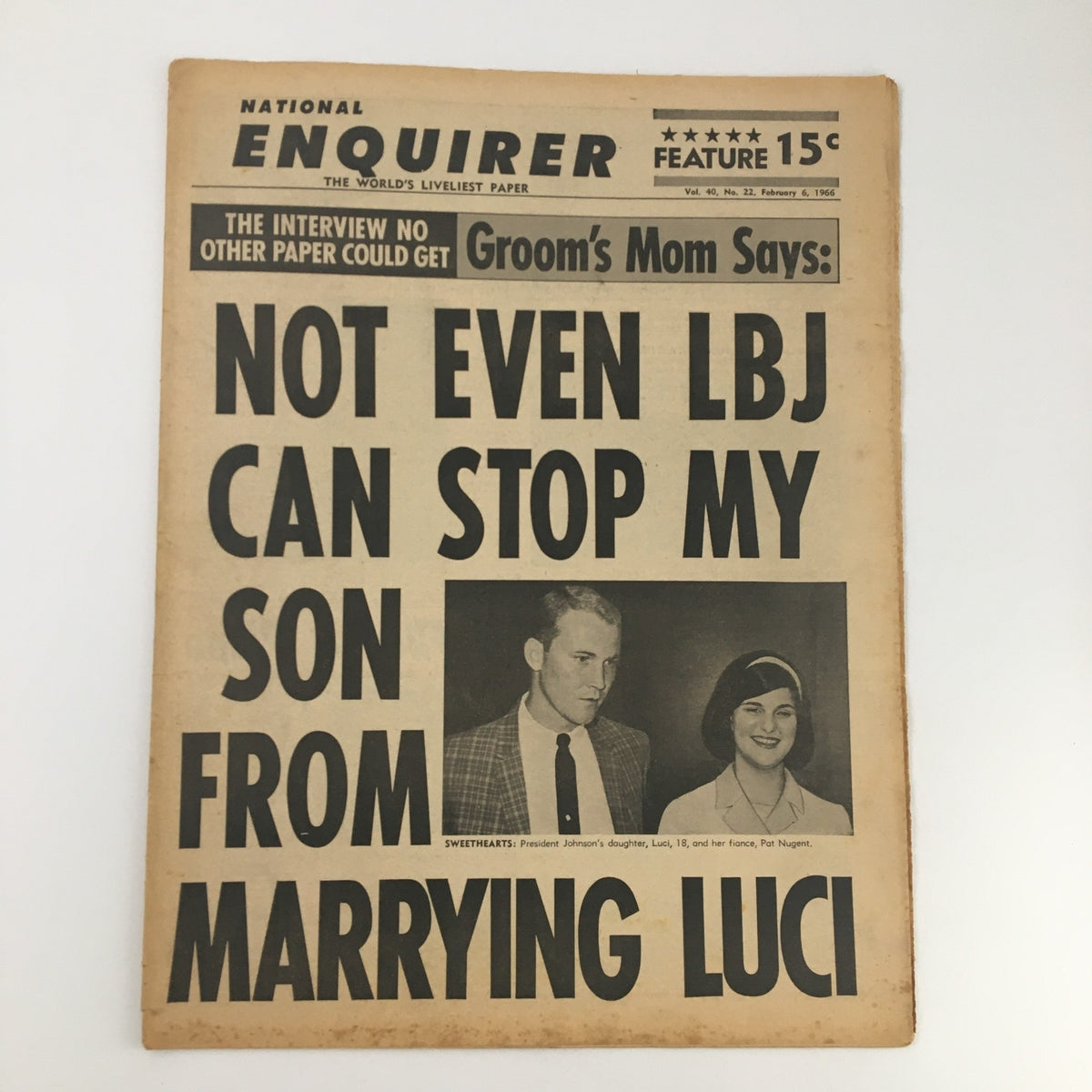 Cover of the National Enquirer Newspaper from February 6, 1966 featuring headline about Luci Baines Johnson and Pat Nugent with a photo of them.
