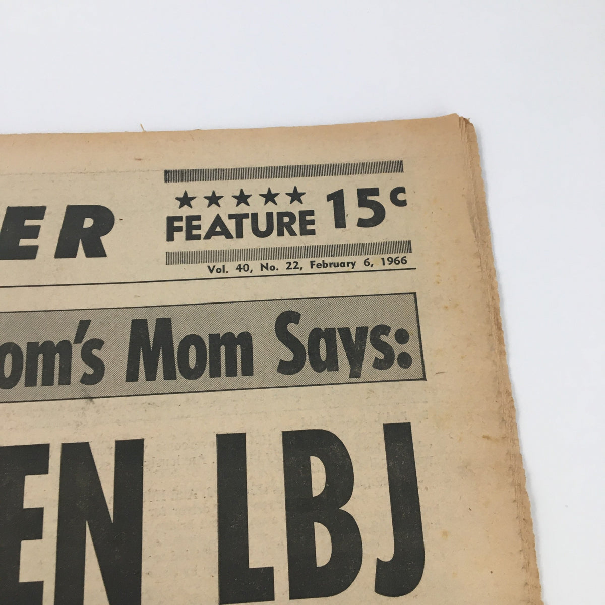 Top section of the National Enquirer Newspaper February 6, 1966 showing the publication details and headline regarding Luci Baines Johnson.