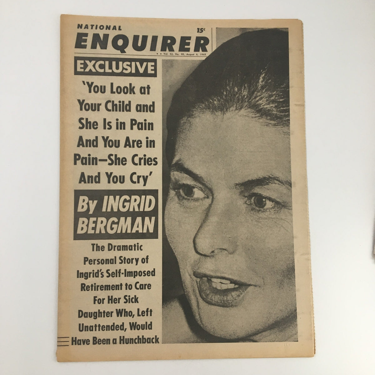 National Enquirer Newspaper August 4 1968, featuring a close-up shot of Ingrid Bergman on the cover, highlighting a dramatic story about her personal life.