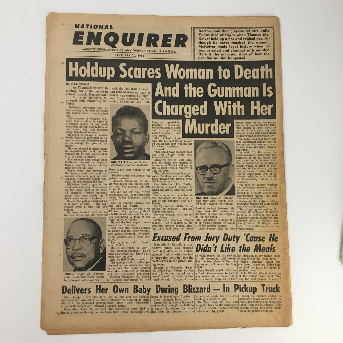 Full view of the National Enquirer Newspaper from February 20, 1966, highlighting various news, including the tragic story of a 13lbs Baby Boy Starved To Death.