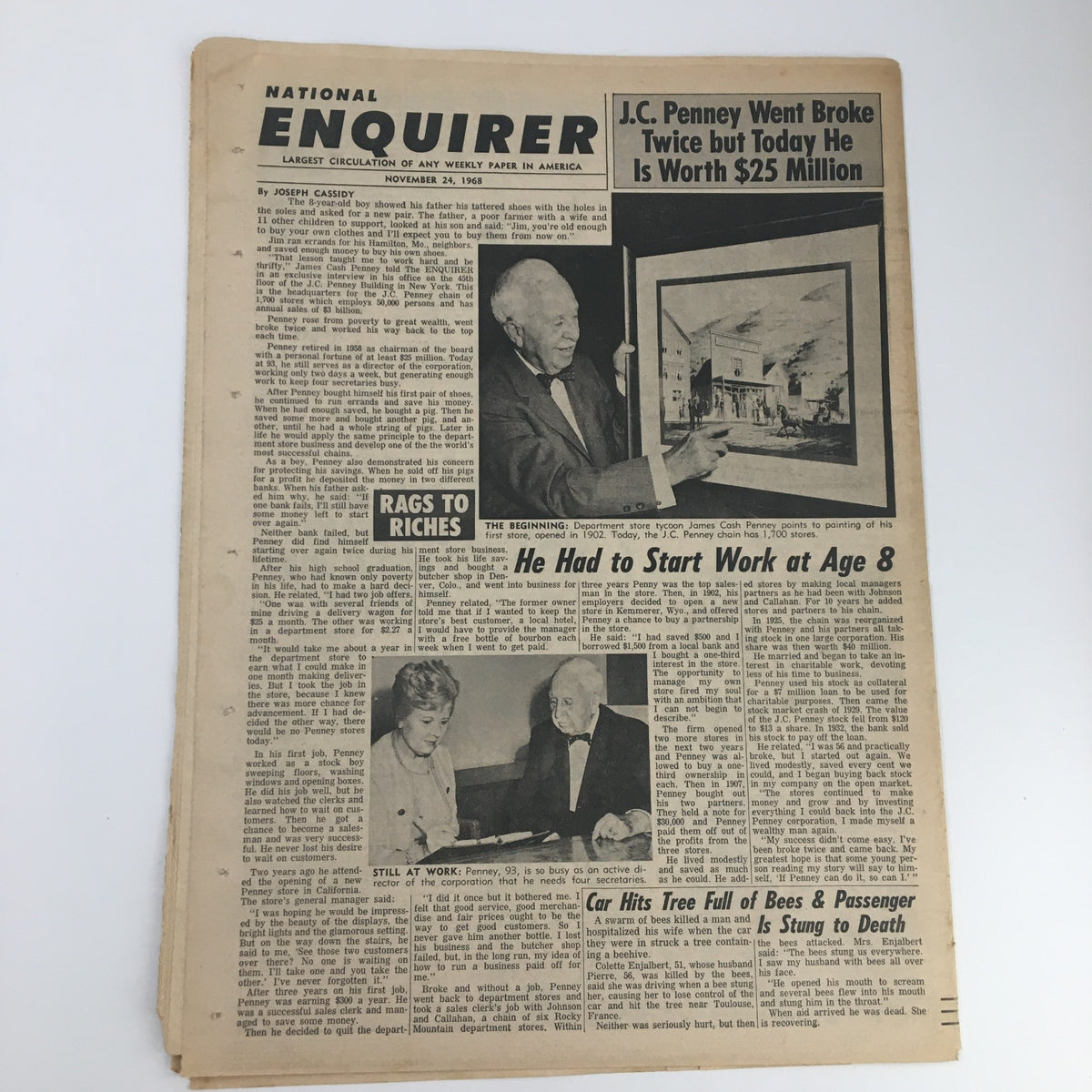 Interior page of the National Enquirer Newspaper, November 24, 1968, containing various articles including one focused on the financial journey of J.C. Penney.