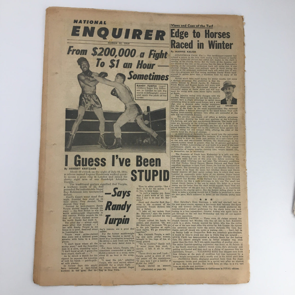 Back cover of the National Enquirer Newspaper March 22 1959, featuring other articles like 'From $200,000 a Fight to $1 an Hour' and showcasing the newspaper's diverse content.