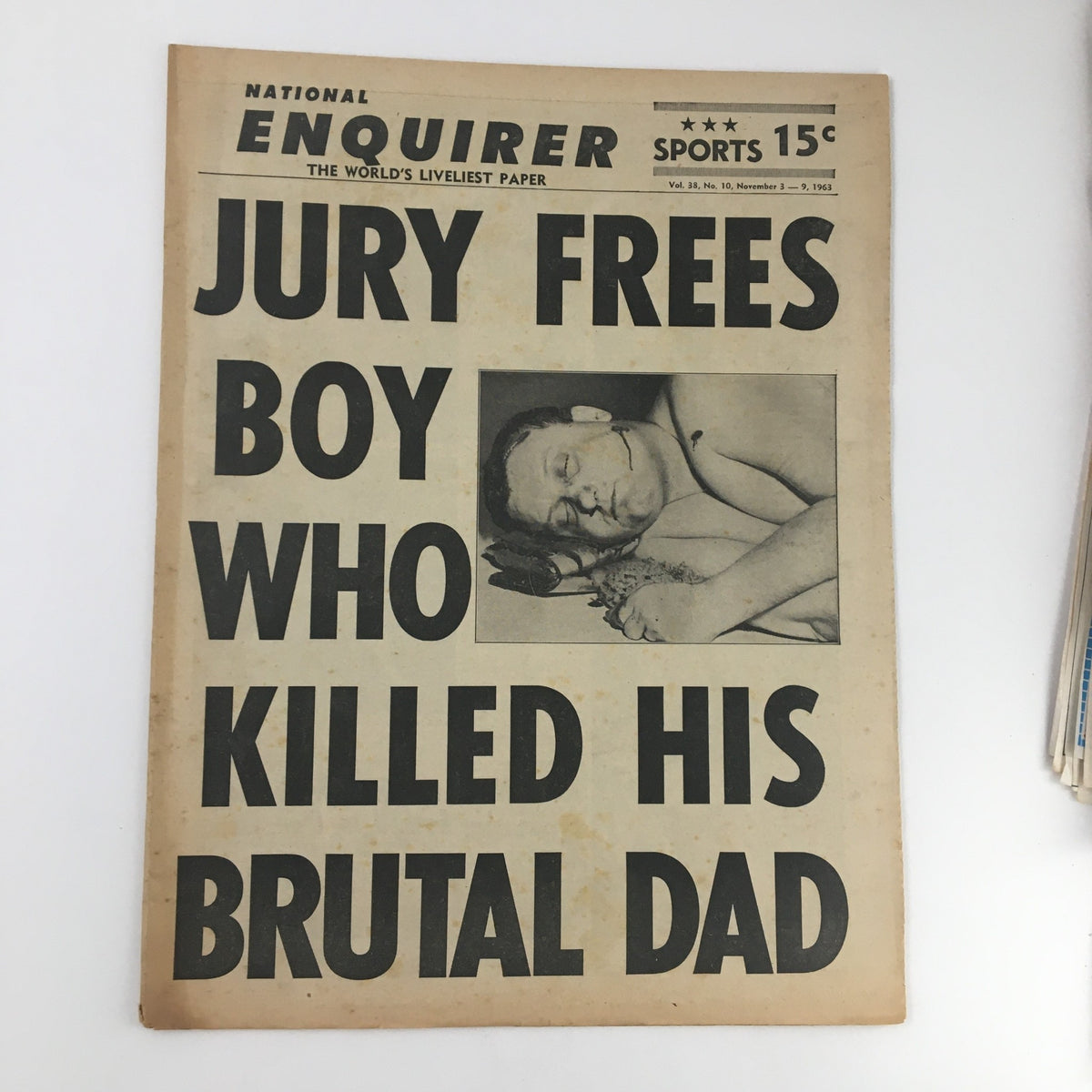 Cover of National Enquirer Newspaper from November 3, 1963, featuring the headline 'Jury Frees Boy Who Killed His Brutal Dad' with a dramatic image.
