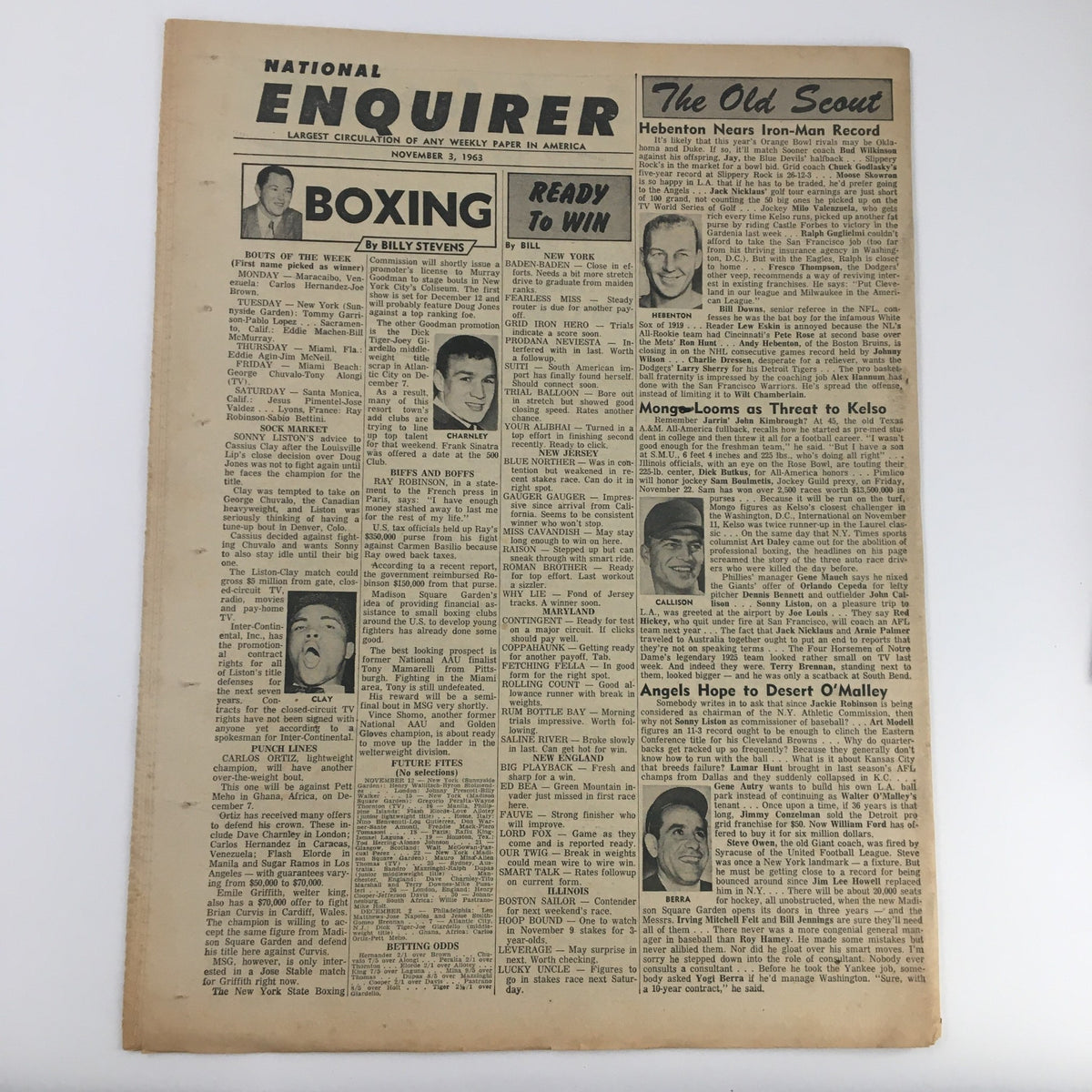 Inside page of the National Enquirer Newspaper from November 3, 1963, with various articles, including sports and entertainment news.