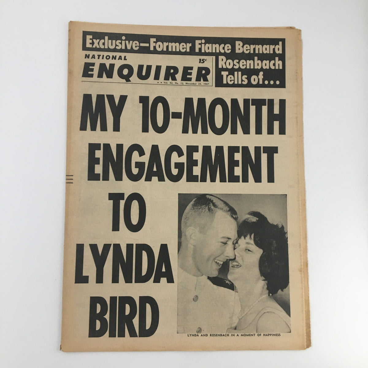 National Enquirer Newspaper November 26 1967 featuring the headline 'My 10-Month Engagement to Lynda Bird' alongside a photo of the couple.