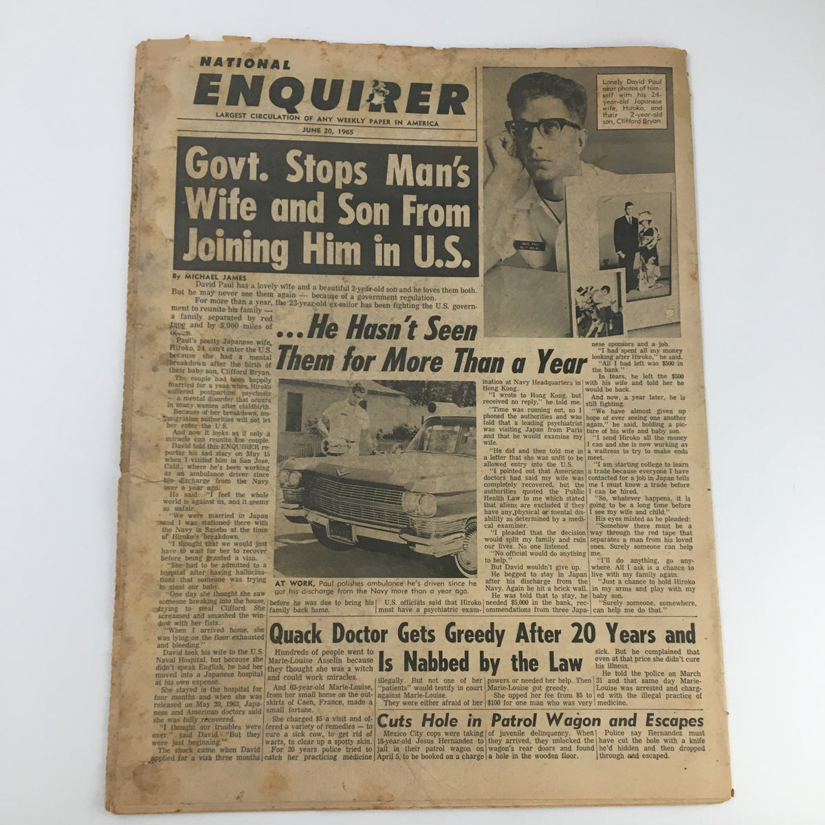 National Enquirer June 20 1965 Newspaper Cover featuring headline about government preventing a man's wife and son from joining him in the U.S.