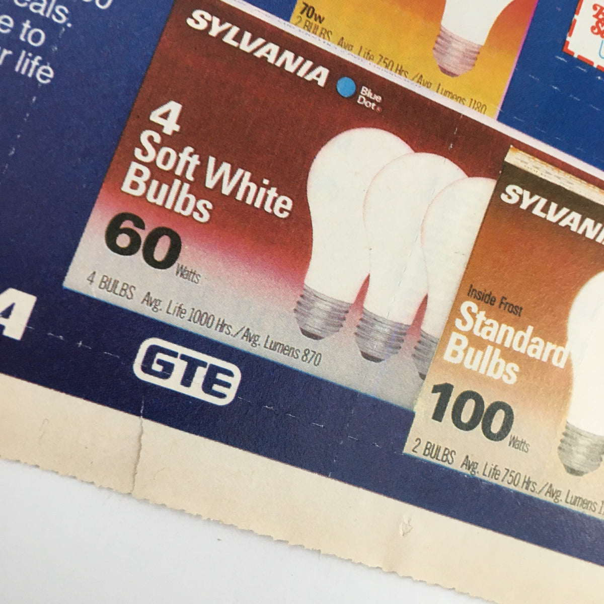 1984 Deodorant Regular Maxithins Protection Pads Circular Coupon Advertisement highlighting Sylvania light bulbs with pricing and donation call-to-action.