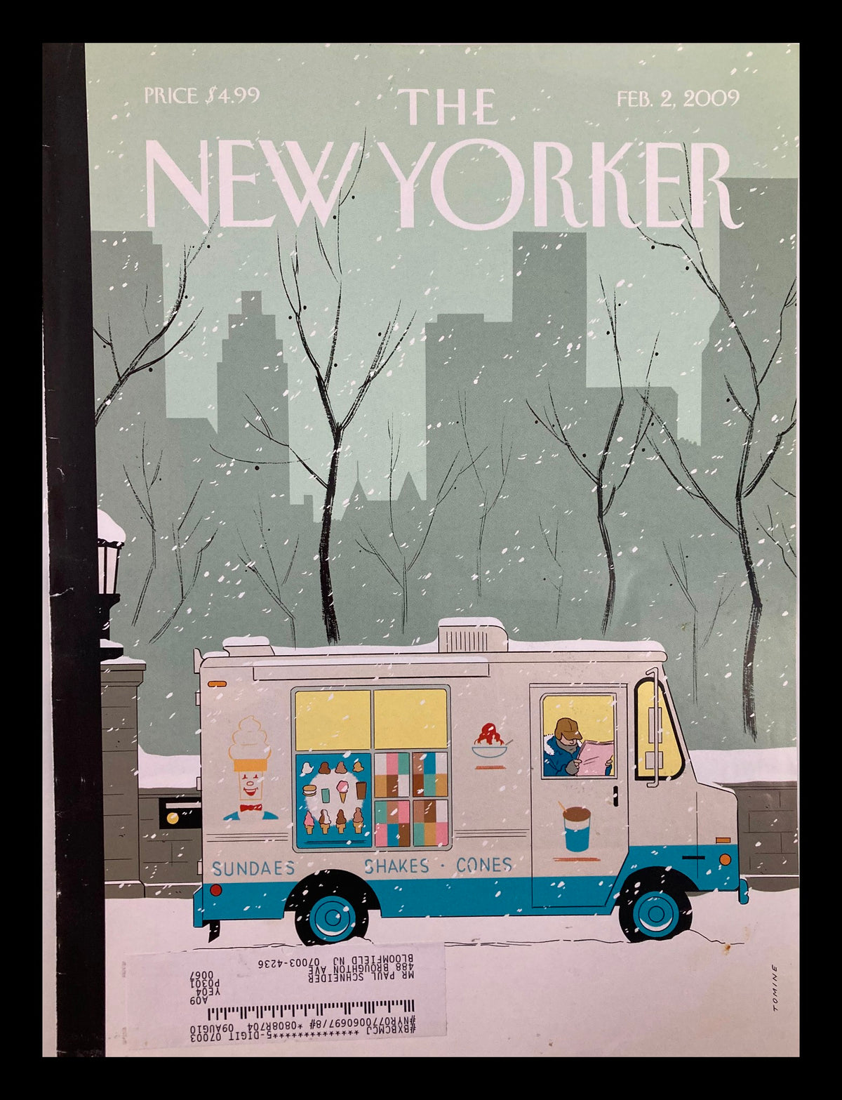 The New Yorker Cover Only February 2 2009 features an illustration of an ice cream truck by Adrian Tomine, set against a wintery cityscape.