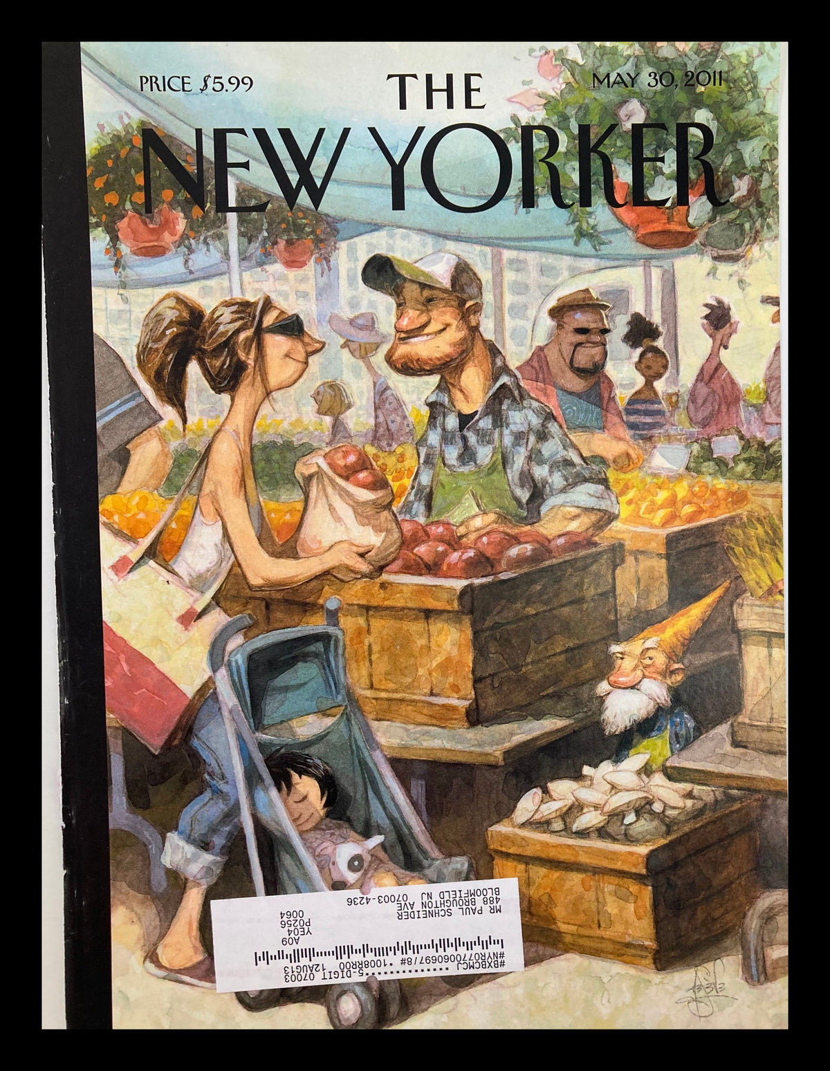 Cover of The New Yorker dated May 30, 2011, titled 'Small Growers' by Peter de Seve, showcasing a vibrant farmers market scene with characters interacting among fresh produce.