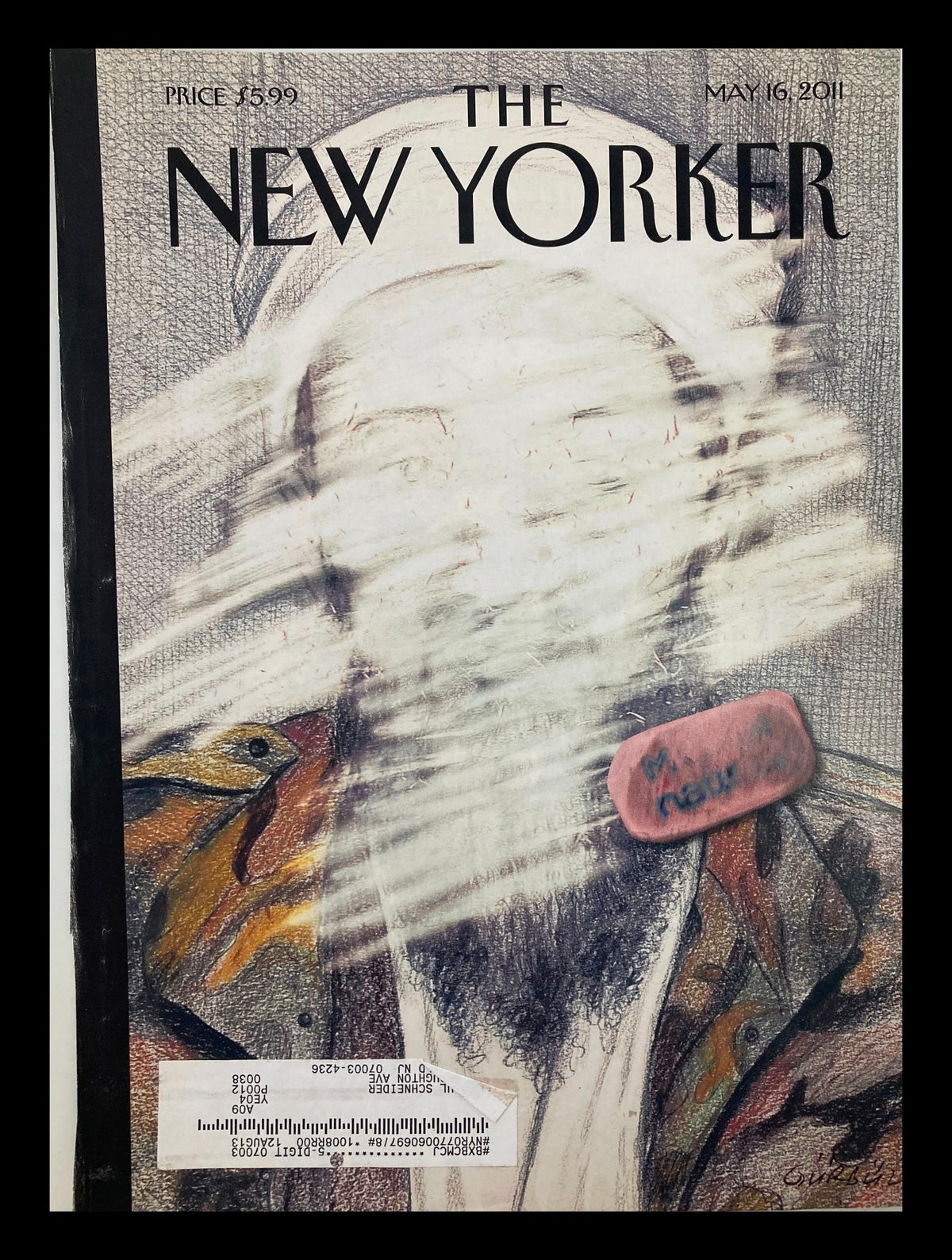 COVER ONLY The New Yorker May 16 2011 Osama bin Laden by Gurbuz Dogan Eksioglu, featuring a unique illustration with a blurred portrait and an eraser, emphasizing the cultural significance of the issue.