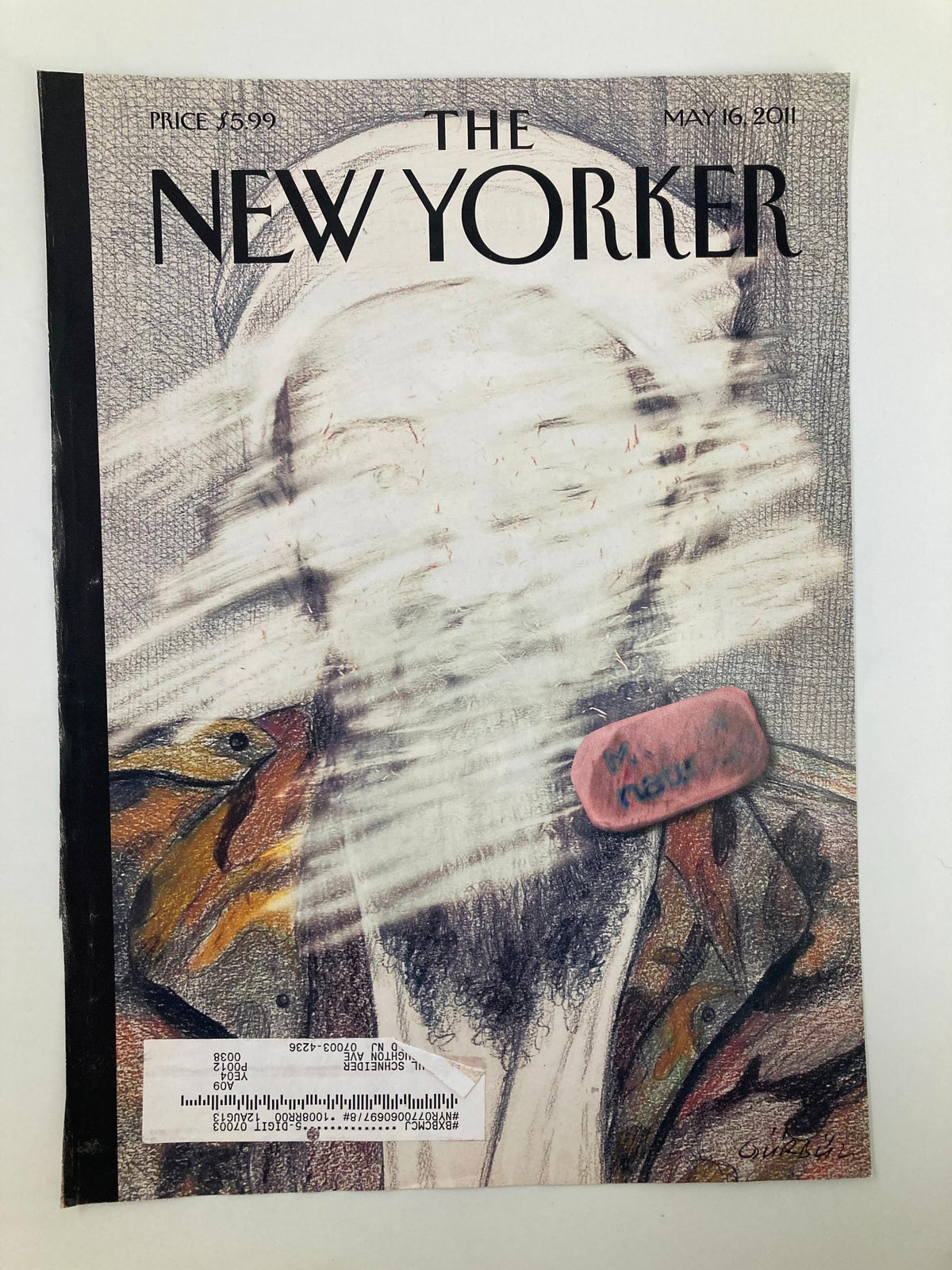 COVER ONLY The New Yorker May 16 2011 Osama bin Laden by Gurbuz Dogan Eksioglu, showcasing a creative depiction with a smudged image and an eraser, highlighting a pivotal moment in contemporary history.