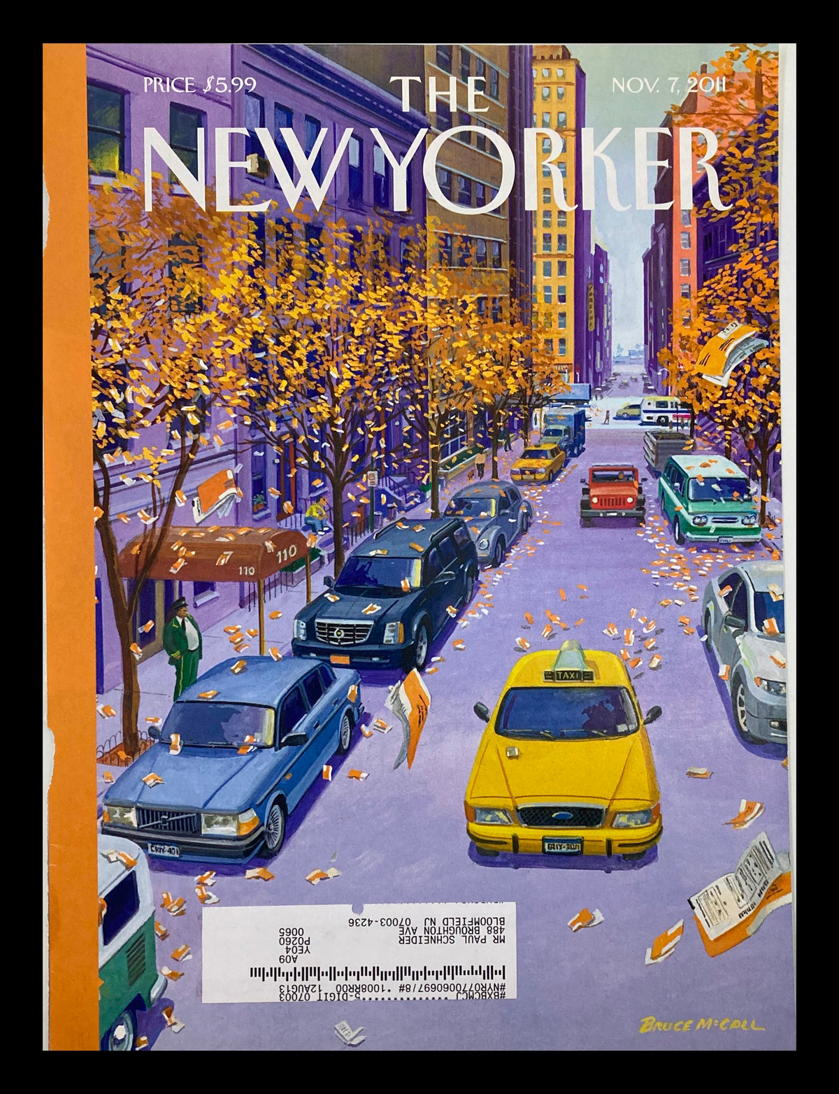 Cover of The New Yorker November 7, 2011, titled 'Open Season' by Bruce McCall, featuring an urban autumn scene with falling leaves and parked cars in vibrant colors.
