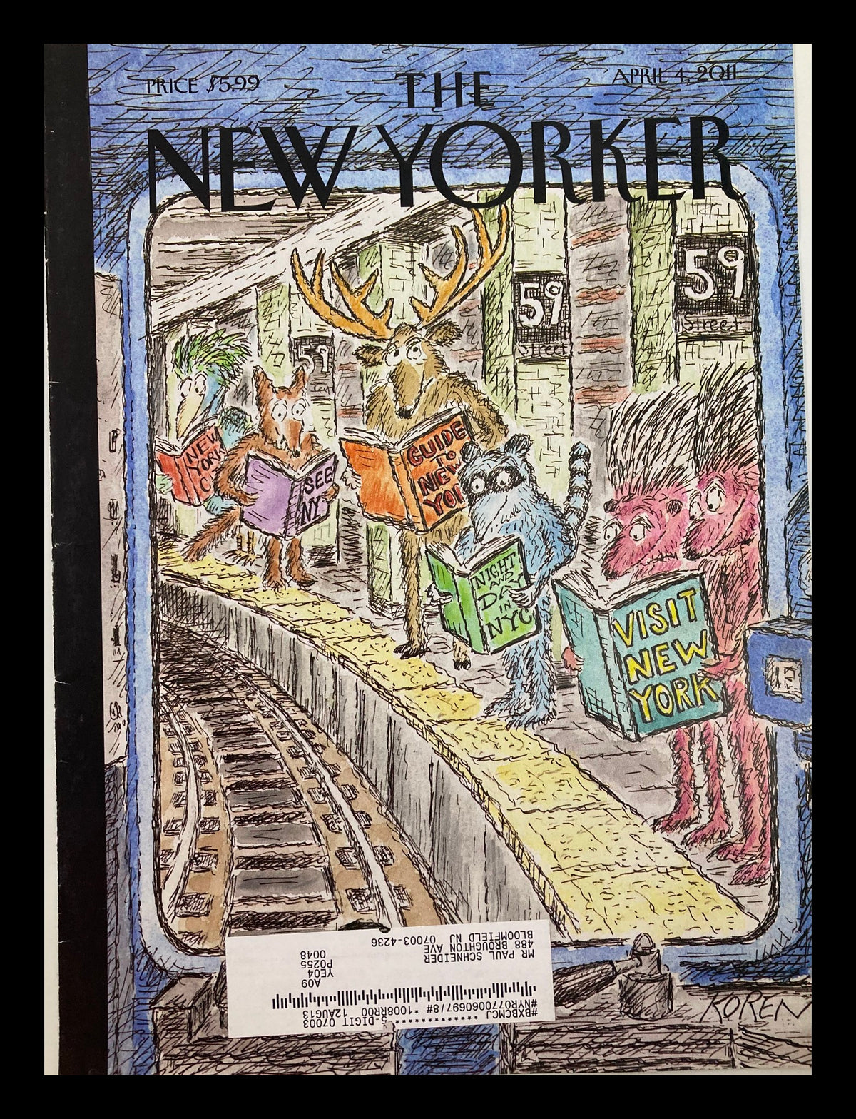 Cover of The New Yorker, April 4, 2011, featuring humorous illustrated characters by Edward Koren set in a subway station.