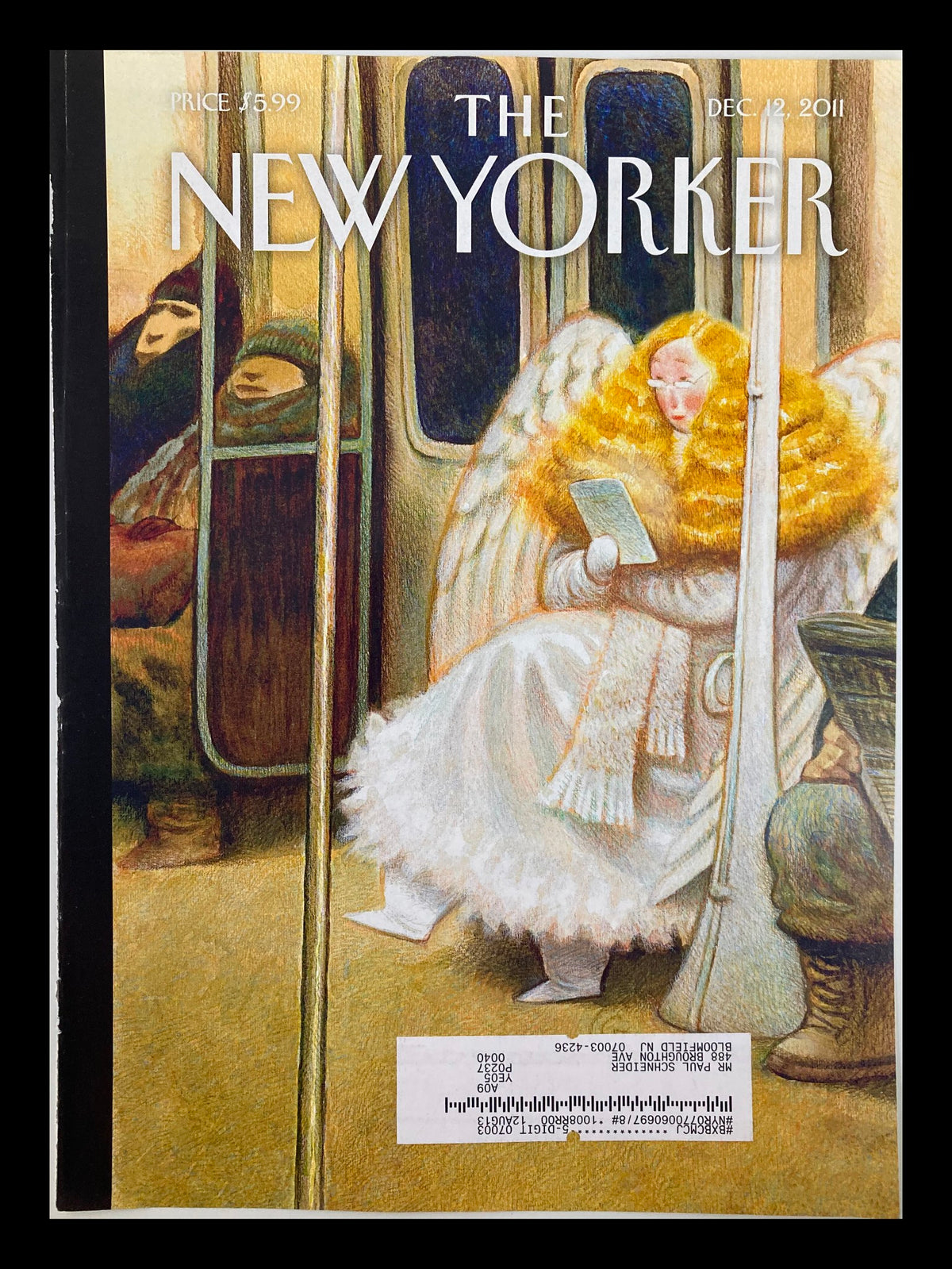 The New Yorker December 12 2011 cover featuring the artwork "Subway Angel" by Carter Goodrich, depicting an angelic figure reading on a subway train, encapsulating New York City's urban charm.