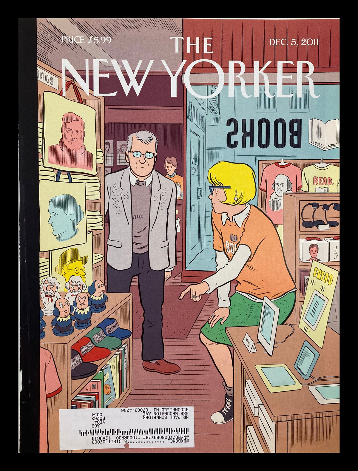 COVER ONLY The New Yorker December 5 2011 by Daniel Clowes featuring a scene of a blonde cashier interacting with a gray-haired man in an artful shop, highlighting themes of consumerism.