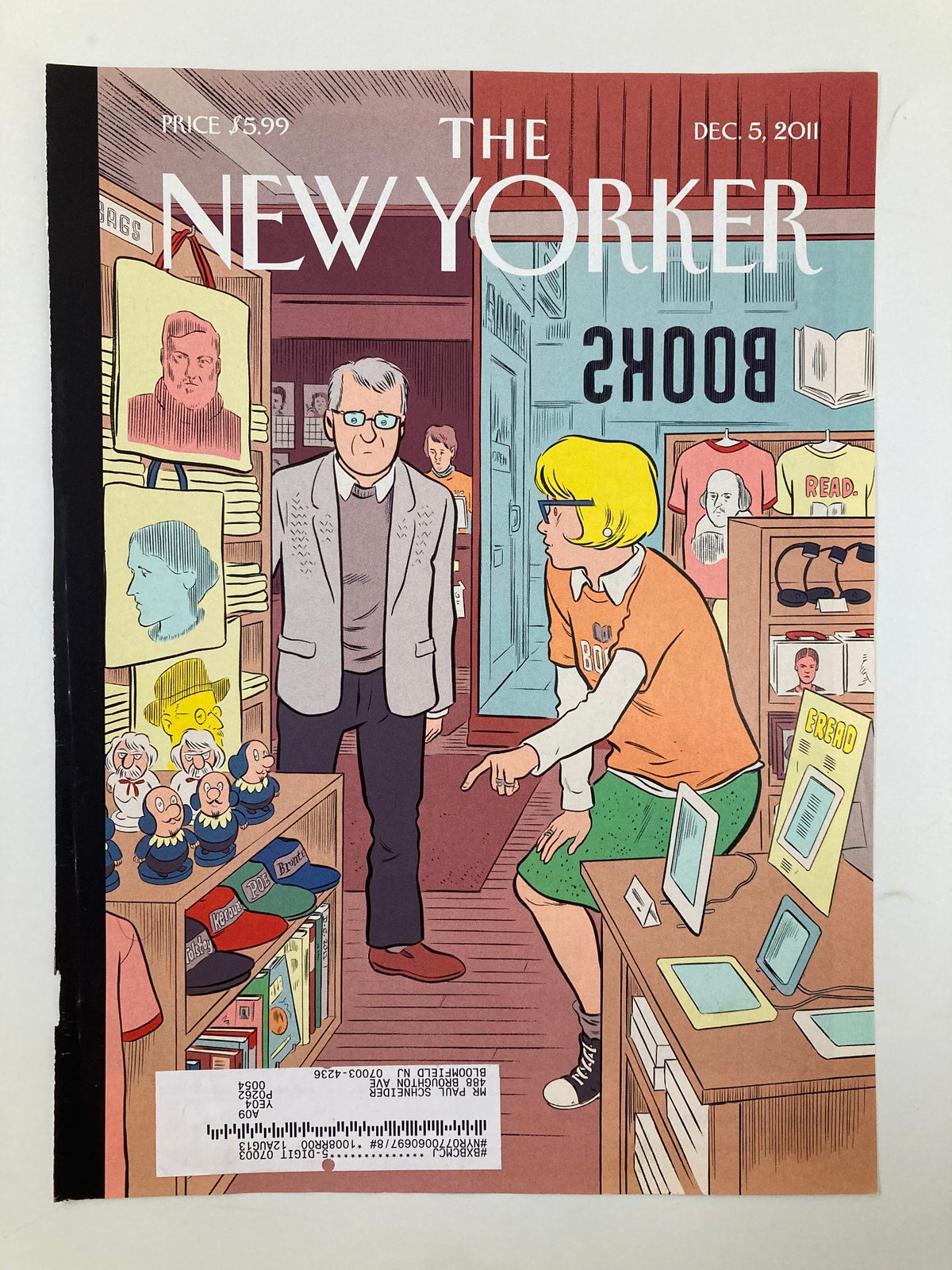 COVER ONLY The New Yorker December 5 2011 by Daniel Clowes depicting a vintage shop scene with a blonde woman and gray-haired man, capturing the essence of Black Friday and consumer culture.