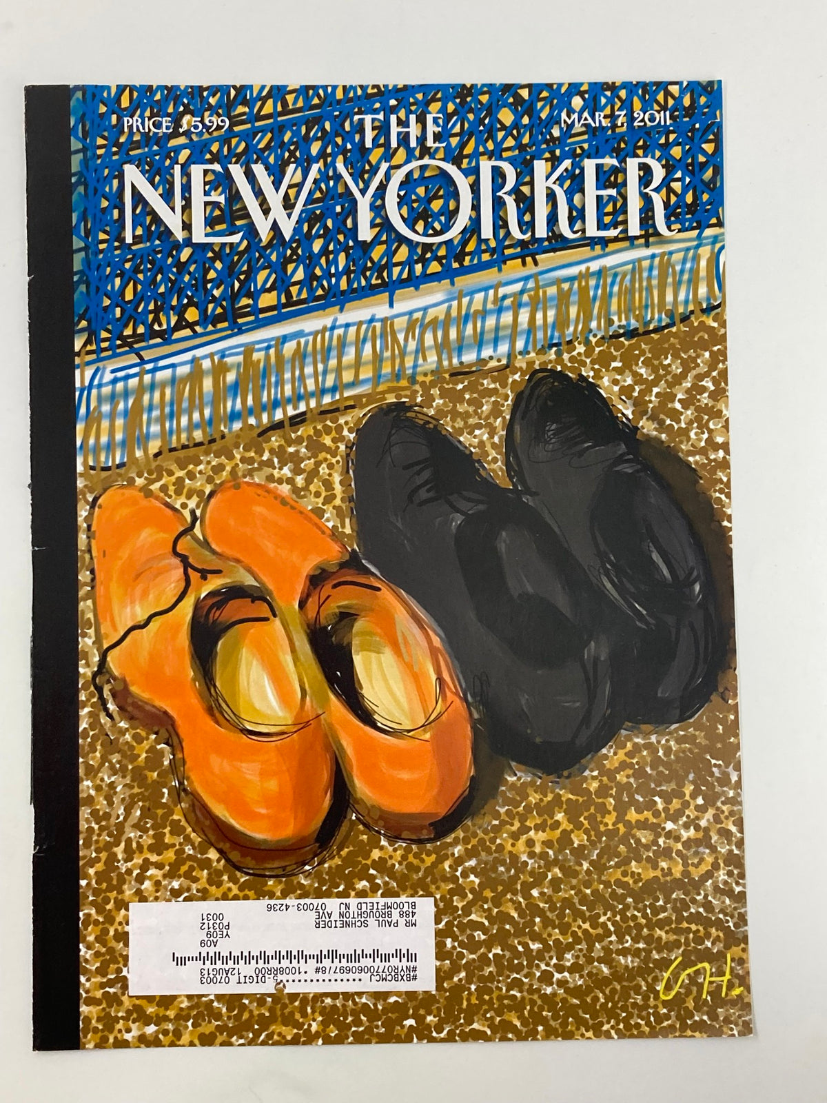 COVER ONLY The New Yorker March 7 2011 Theme Cover Shoes by David Hockney showcasing artistic shoe illustrations on a vibrant backdrop.