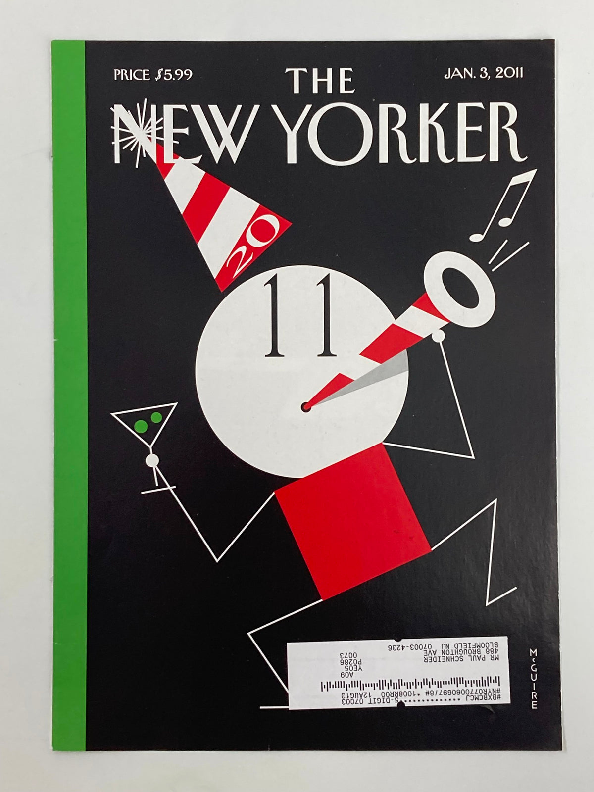 The New Yorker Cover January 3, 2011, titled 'Happy New Decade' by Richard McGuire, featuring a playful illustration of a character celebrating the new year with a party hat, a whistle, and a cocktail.