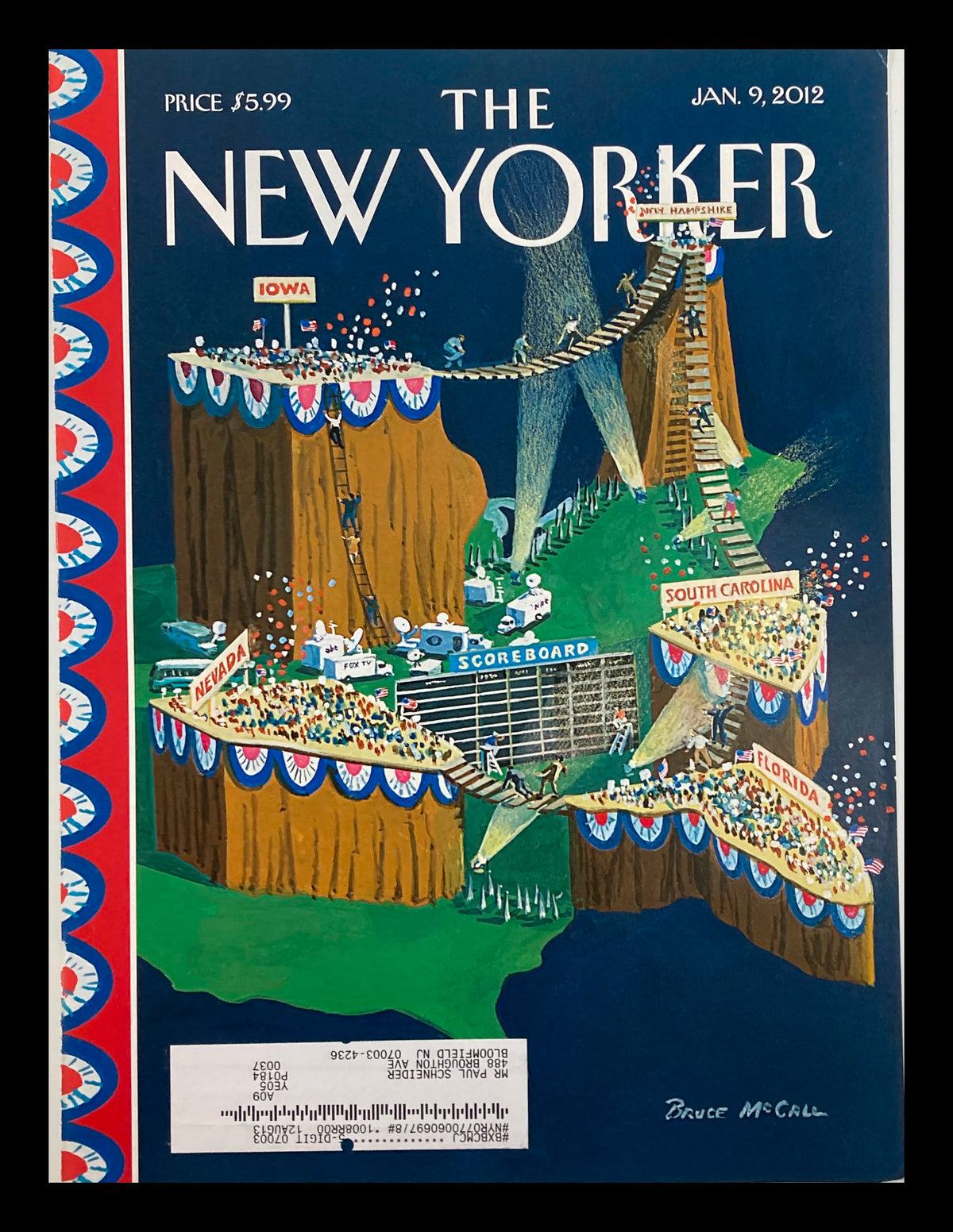 Cover of The New Yorker dated January 9, 2012, titled 'Chutes and Ladders' by Bruce McCall, featuring a whimsical illustration representing a playful version of the classic game.