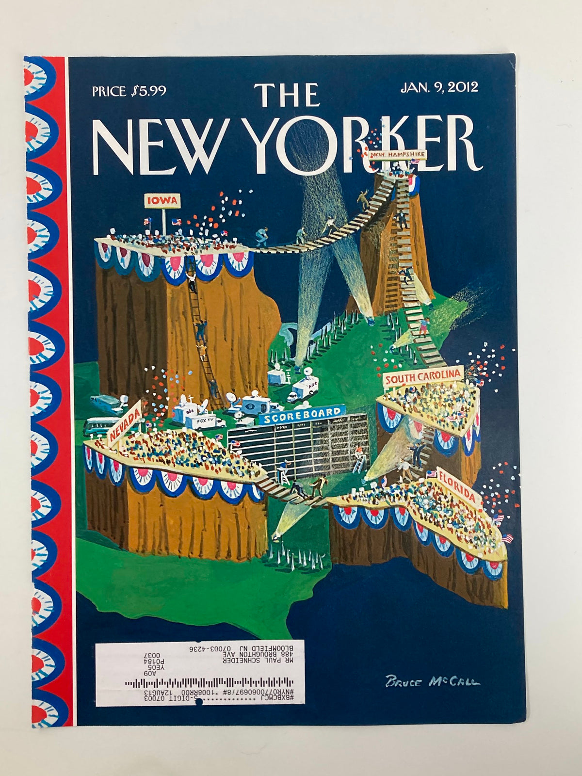 Cover only of The New Yorker from January 9, 2012, depicting 'Chutes and Ladders' by Bruce McCall, showcasing vibrant colors and humorous artistry.