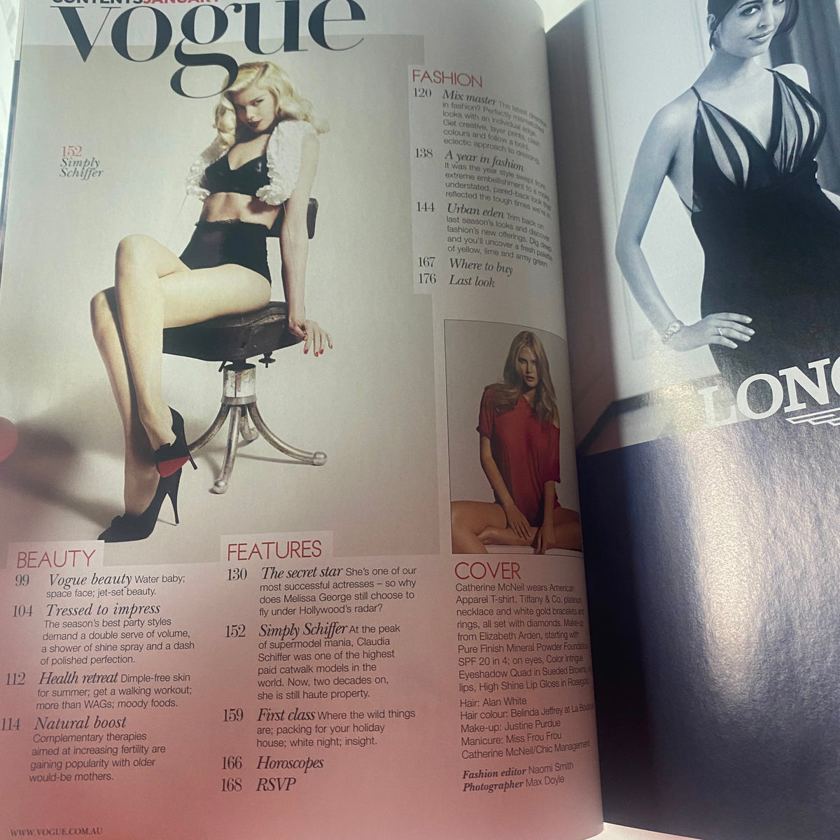 Vogue Australia Magazine January 2010 Catherine McNeil Cover, featuring a beauty and fashion editorial. The image showcases a model posing elegantly in a stylish outfit with fashion highlights from the issue.