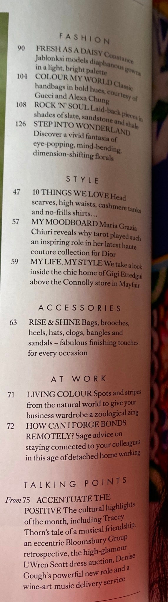 Fashion section from Harper's Bazaar Magazine May 2021 featuring styles like 'Fresh as a Daisy' and 'Step Into Wonderland', showcasing floral elegance and vibrant fashion trends.