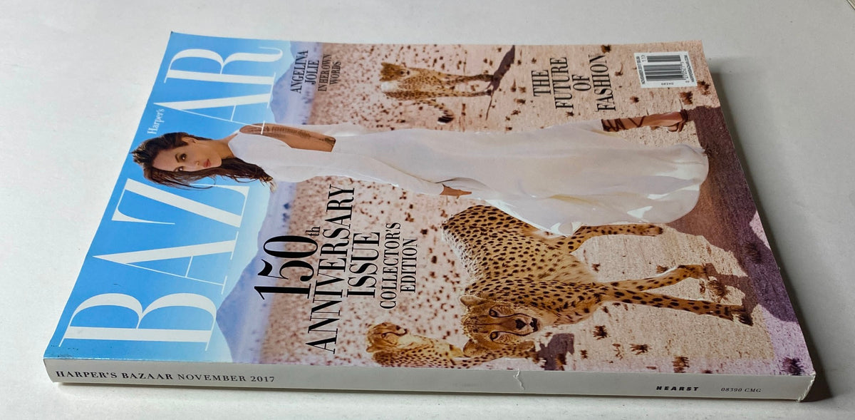 Side view of Harper's Bazaar Magazine November 2017 featuring Angelina Jolie on the cover, celebrating the 150th Anniversary Issue and exploring the Future of Fashion.