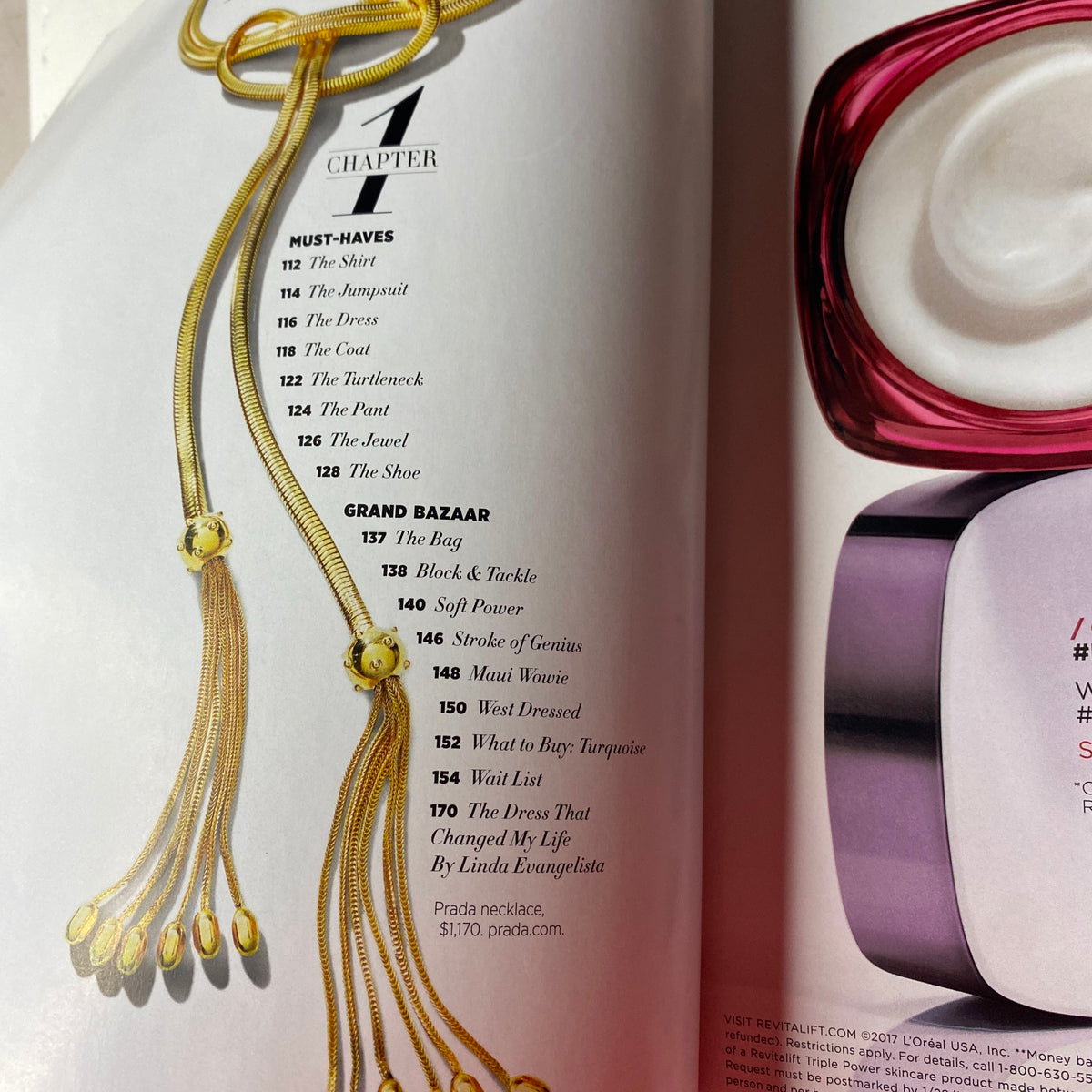Table of contents from Harper's Bazaar Magazine November 2017, highlighting chapters on Must-Haves and Grand Bazaar, with a feature including the Dress That Changed My Life by Linda Evangelista.