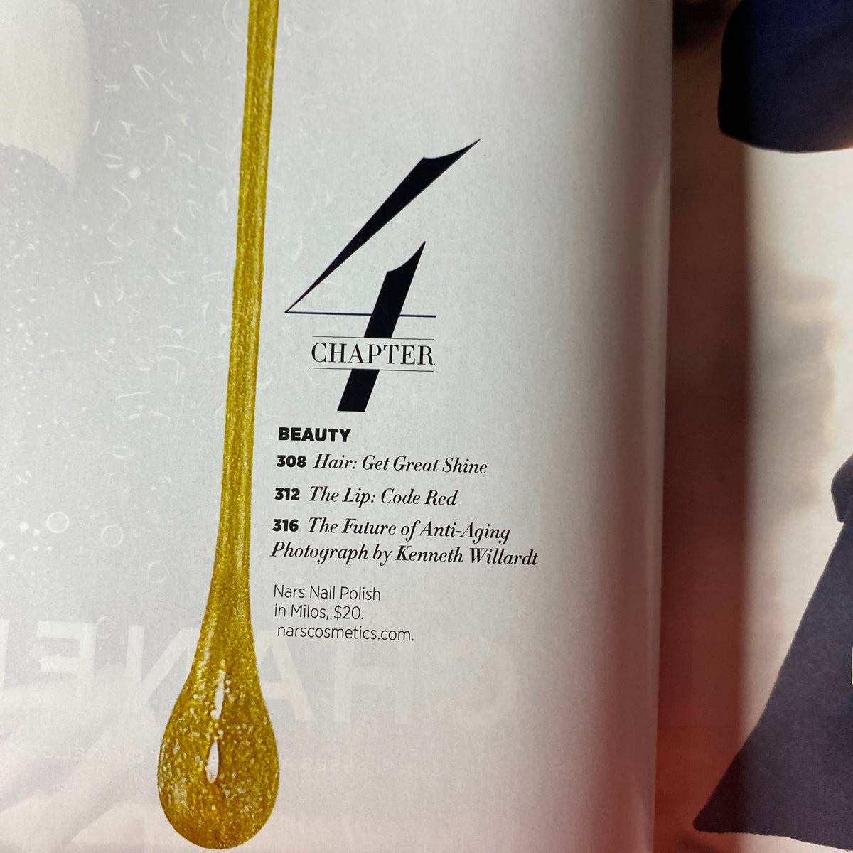 Page from Harper's Bazaar Magazine November 2017 featuring Chapter 4 titled 'Beauty' discussing hair and skincare products, including Nars Nail Polish.