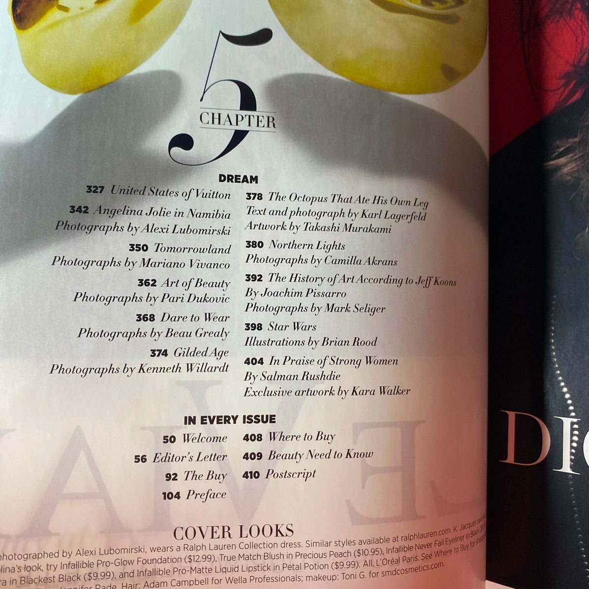 Page from Harper's Bazaar Magazine November 2017 showcasing Chapter 5 'Dream' with features on notable articles including Angelina Jolie in Namibia and art illustrations.