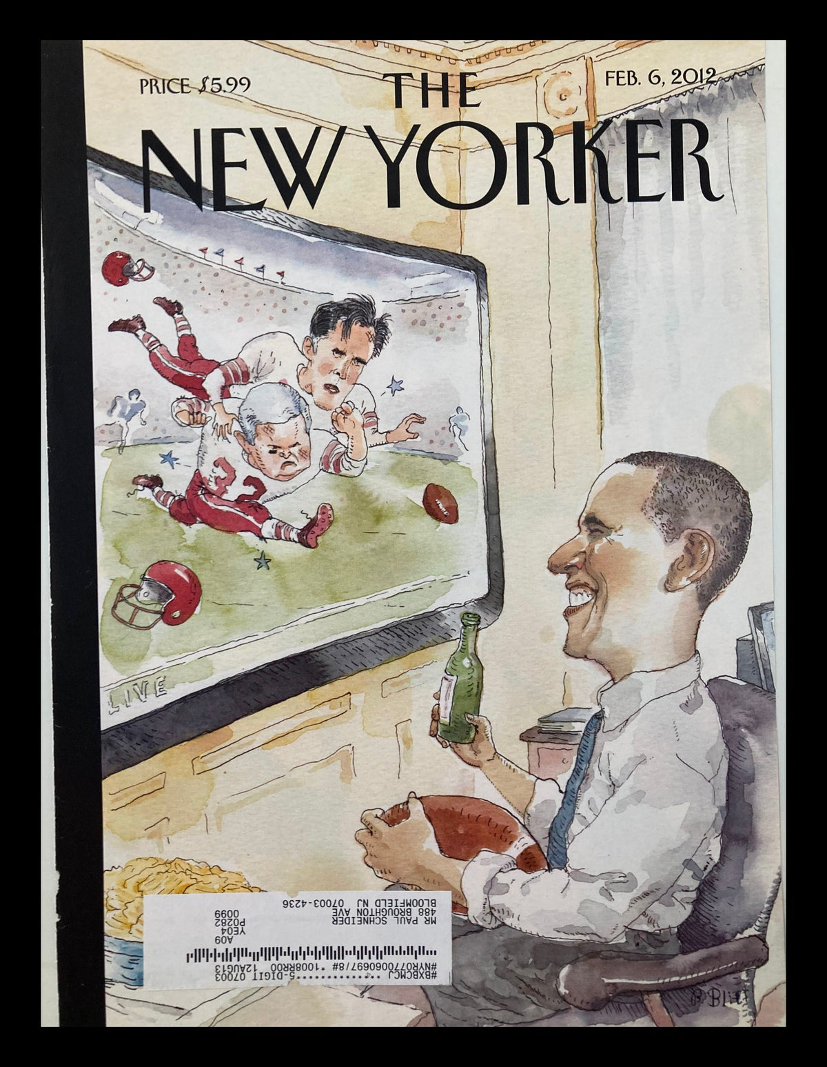 Cover of The New Yorker February 6 2012 featuring an illustration by Barry Blitt that humorously depicts Barack Obama watching a football game on TV, showcasing a whimsical blend of politics and sports.