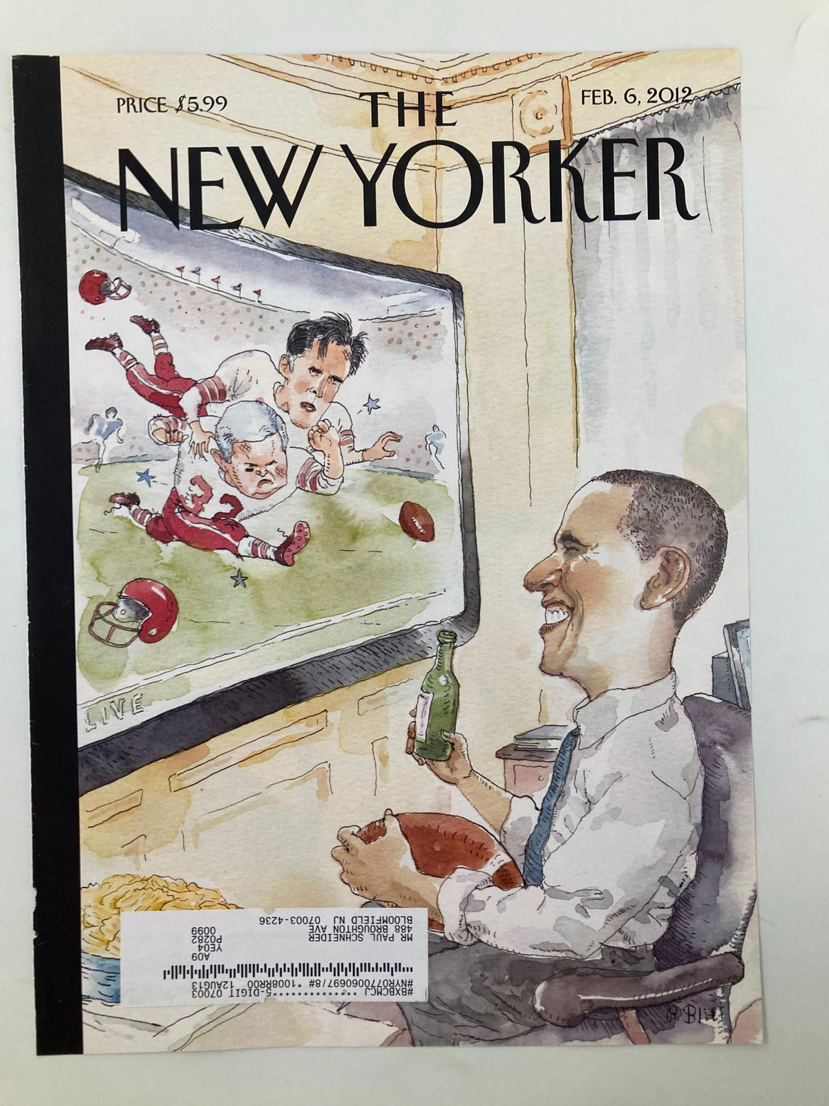 Cover of The New Yorker February 6 2012 with an artistic illustration by Barry Blitt, illustrating Barack Obama enjoying a football game, complete with snacks, depicting a unique cultural commentary.